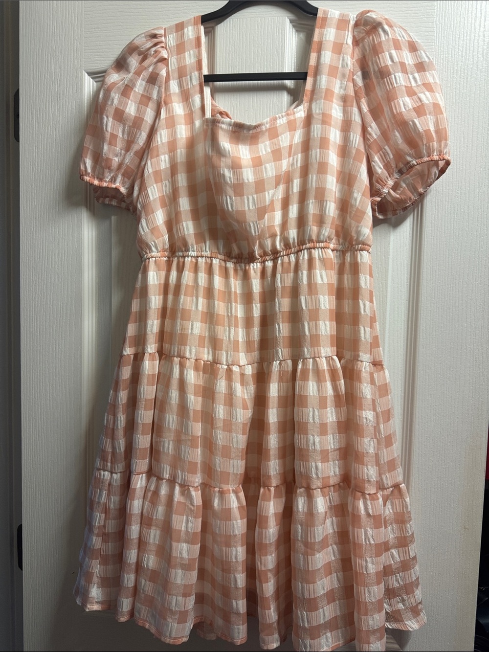 Kids Puff-Sleeve Gingham Dress in Peach and White